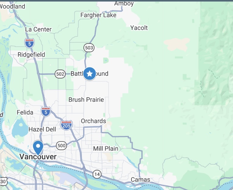 Washington state service map with major city markers and Battle Ground highlighted